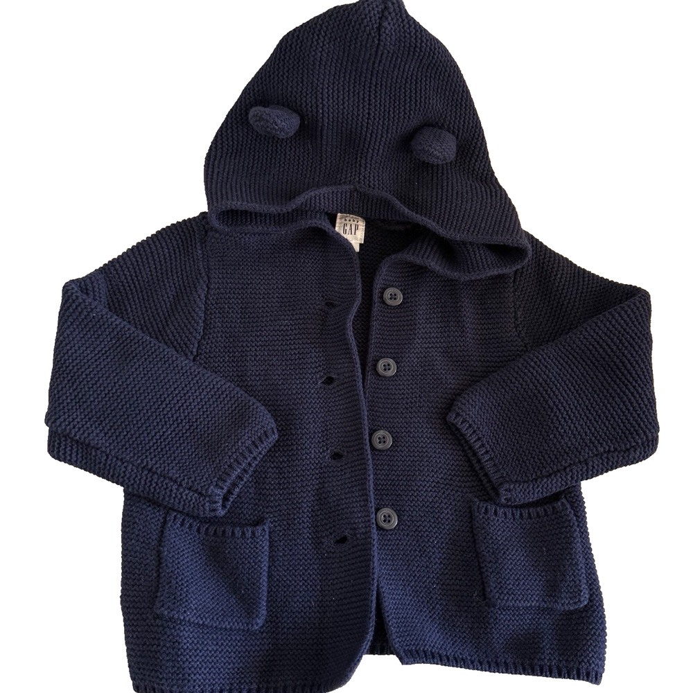Baby Gap Navy Blue Knit Hoodie‎ Cardigan Sweater with Bear Ears – 18-24 Months